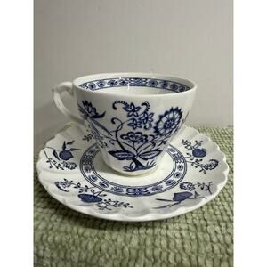 J G Meakin Nordic Blue White Teacups Saucers Set 4 England Ironstone